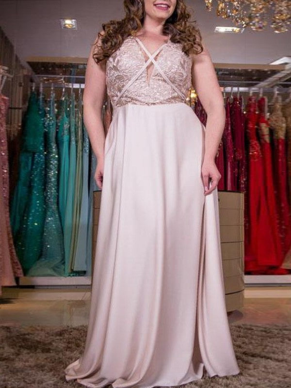 A-Line/Princess V-neck Sleeveless Applique Floor-Length Elastic Woven Satin Plus Size Dresses DFP0003917