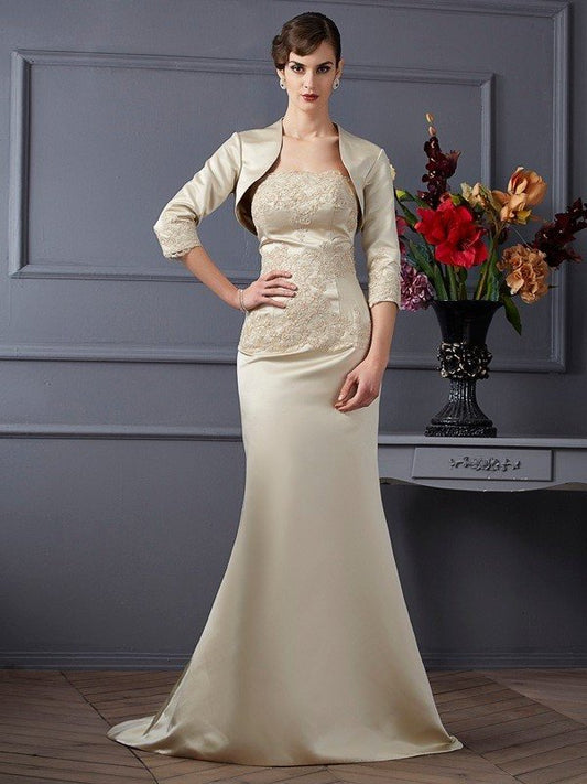 Trumpet/Mermaid Strapless Sleeveless Applique Long Satin Mother of the Bride Dresses DFP0007356