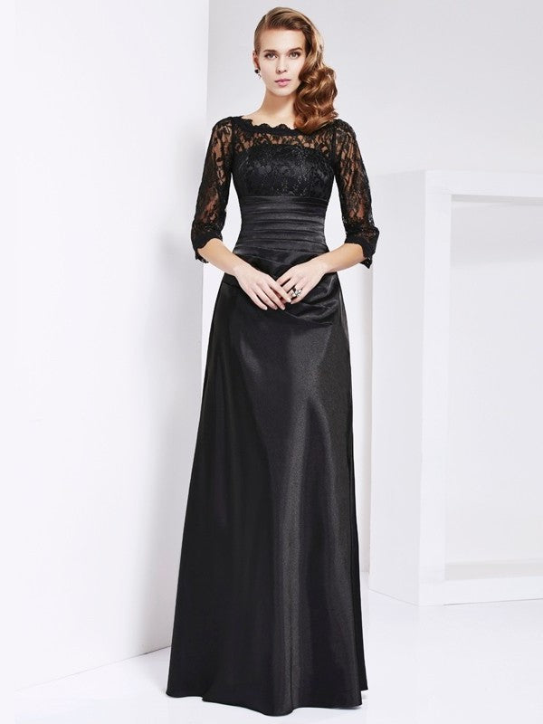 Sheath/Column Off the Shoulder 3/4 Sleeves Lace Long Elastic Woven Satin Mother of the Bride Dresses DFP0007145