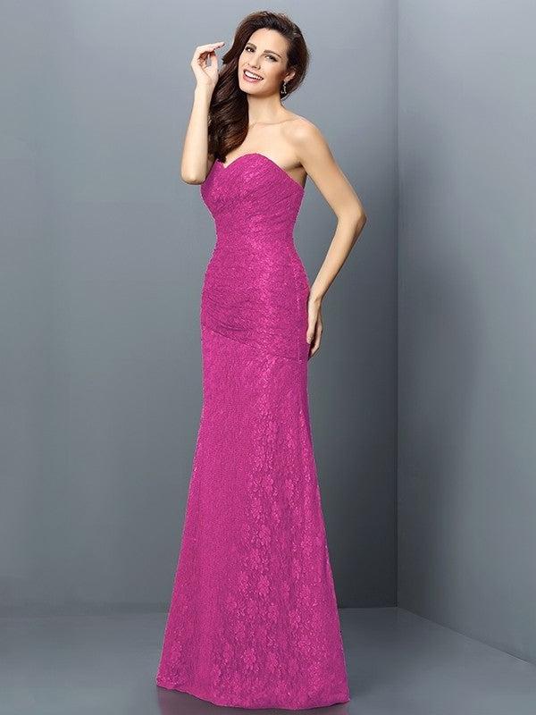 A-Line/Princess Sweetheart Lace Sleeveless Long Satin Bridesmaid Dresses DFP0005630