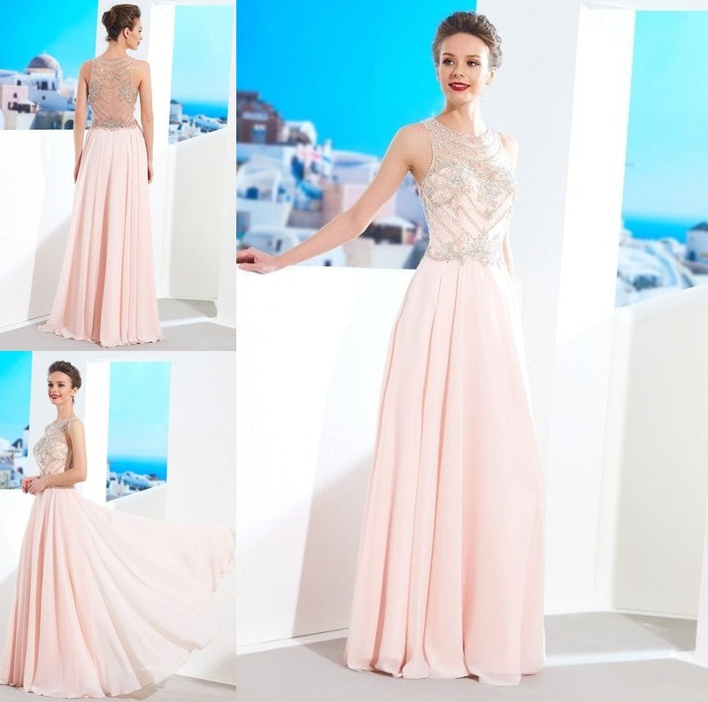 A-Line/Princess Scoop Sleeveless Chiffon Crystal Floor-length Dresses DFP0002536