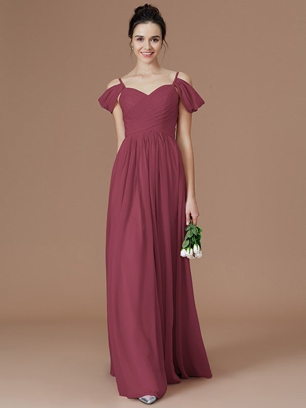 A-Line/Princess Off-the-Shoulder Sleeveless Ruched Floor-Length Chiffon Bridesmaid Dresses DFP0005324