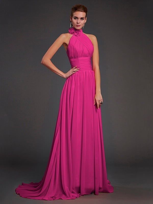 A-Line/Princess Halter Sleeveless Hand-Made Flower Long Chiffon Bridesmaid Dresses DFP0004909