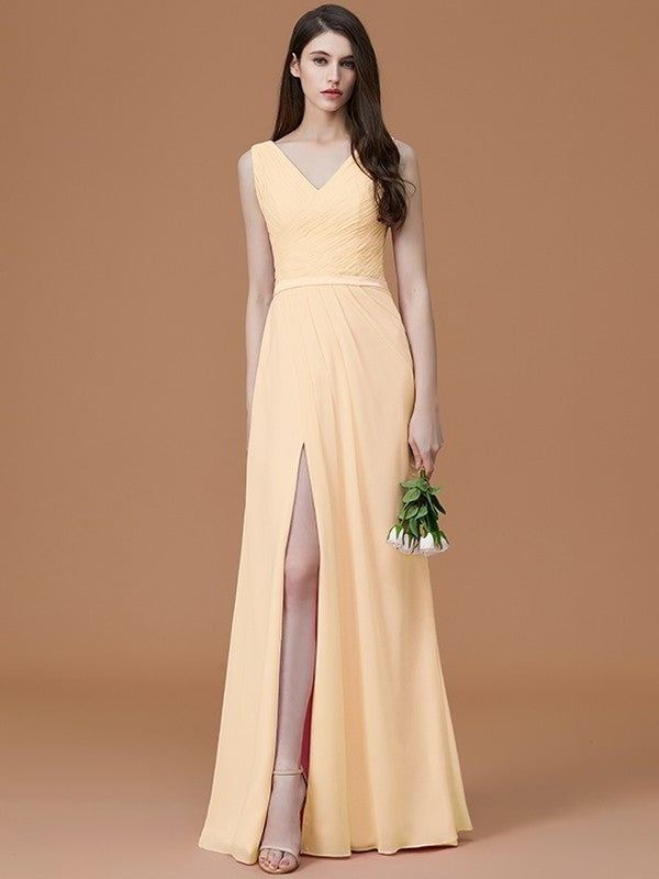 A-Line/Princess V-neck Sleeveless Floor-Length Ruched Chiffon Bridesmaid Dresses DFP0005284