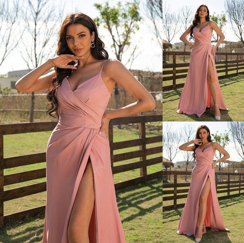 A-Line/Princess Elastic Woven Satin Ruched V-neck Sleeveless Sweep/Brush Train Dresses DFP0001541