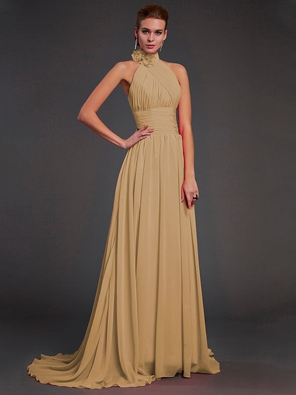 A-Line/Princess Halter Sleeveless Hand-Made Flower Long Chiffon Bridesmaid Dresses DFP0004909