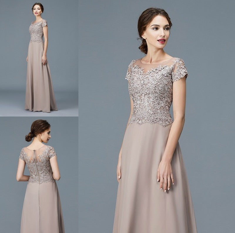 A-Line/Princess Scoop Short Sleeves Applique Floor-Length Chiffon Mother of the Bride Dresses DFP0007275