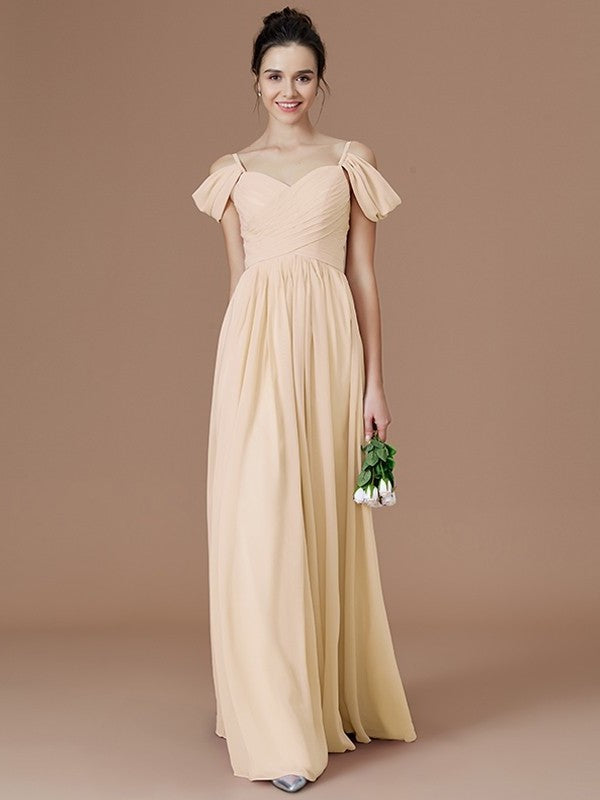 A-Line/Princess Off-the-Shoulder Sleeveless Ruched Floor-Length Chiffon Bridesmaid Dresses DFP0005324