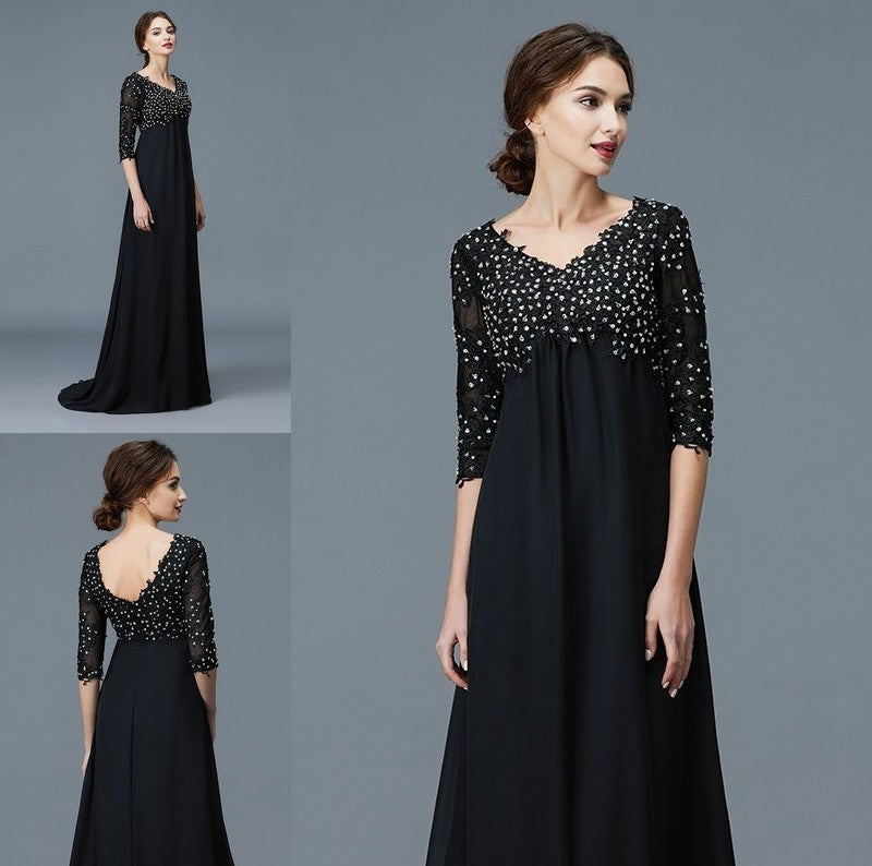 A-Line/Princess V-neck 1/2 Sleeves Beading Chiffon Floor-Length Mother of the Bride Dresses DFP0007218