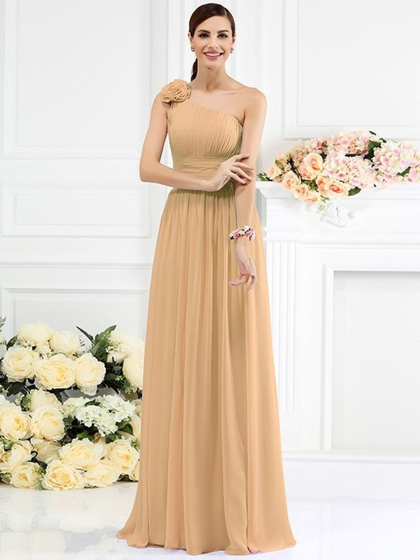 A-Line/Princess One-Shoulder Pleats Hand-Made Flower Sleeveless Long Chiffon Bridesmaid Dresses DFP0005131