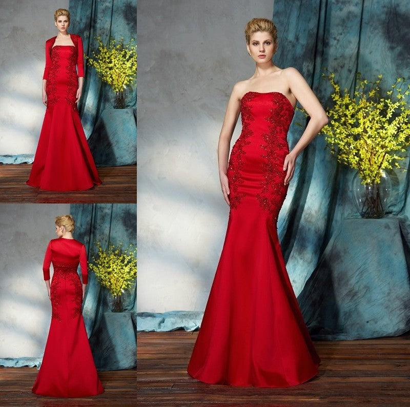 Trumpet/Mermaid Strapless Applique Sleeveless Long Satin Mother of the Bride Dresses DFP0007416