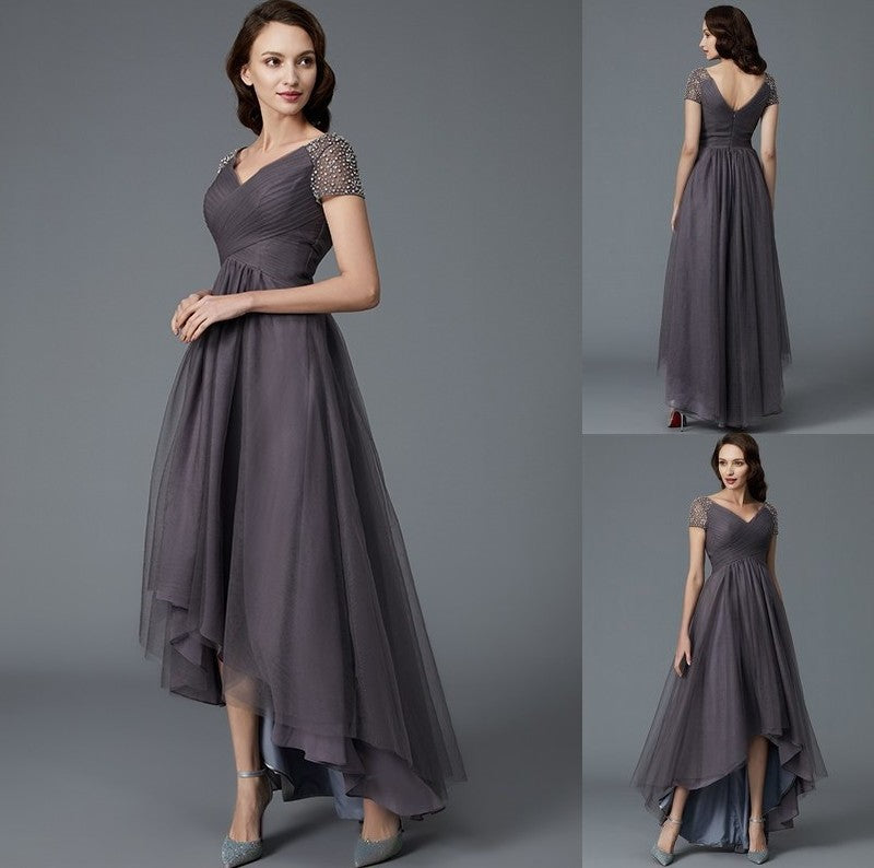 A-Line/Princess V-neck Short Sleeves Asymmetrical Tulle Mother of the Bride Dresses DFP0007098