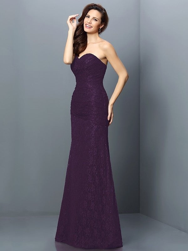 A-Line/Princess Sweetheart Lace Sleeveless Long Satin Bridesmaid Dresses DFP0005630