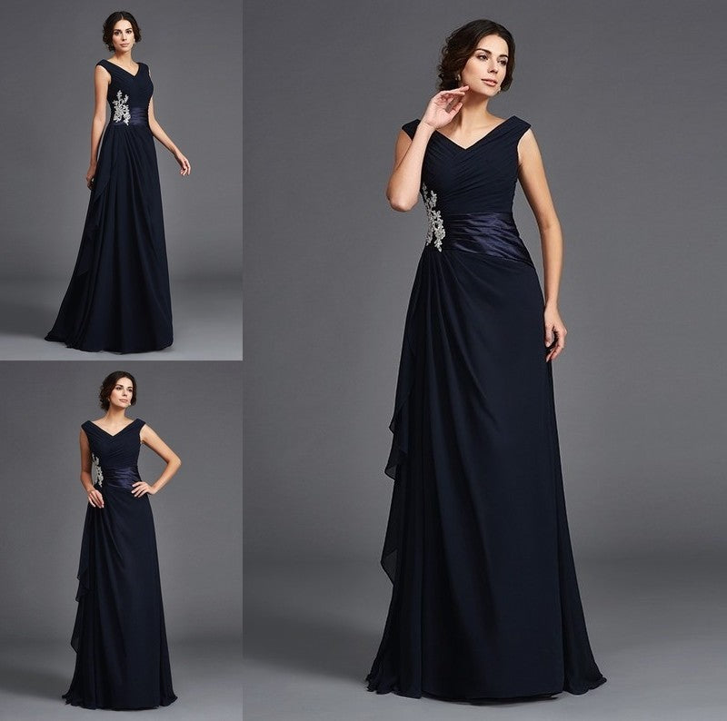 A-Line/Princess V-neck Applique Sleeveless Long Chiffon Mother of the Bride Dresses DFP0007235