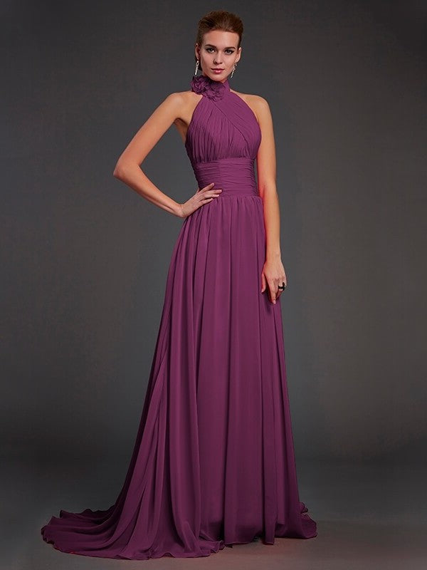 A-Line/Princess Halter Sleeveless Hand-Made Flower Long Chiffon Bridesmaid Dresses DFP0004909