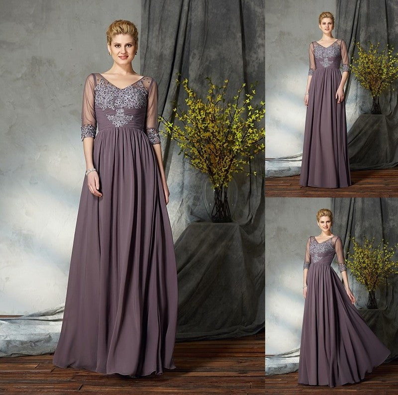 A-Line/Princess V-neck 1/2 Sleeves Long Chiffon Mother of the Bride Dresses DFP0007305