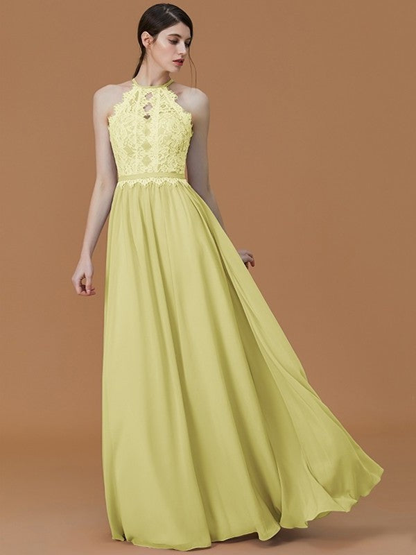 A-Line/Princess Halter Sleeveless Floor-Length Lace Chiffon Bridesmaid Dresses DFP0005137