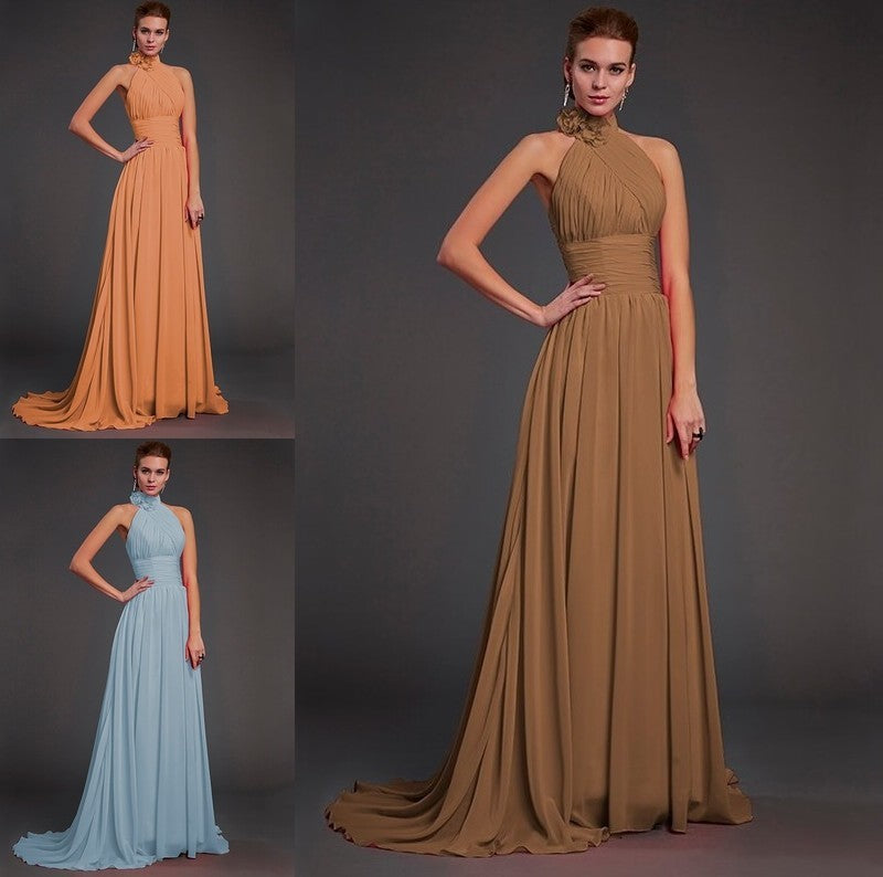 A-Line/Princess Halter Sleeveless Hand-Made Flower Long Chiffon Bridesmaid Dresses DFP0004909