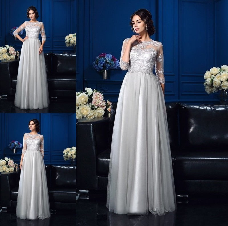 A-Line/Princess Scoop Applique 3/4 Sleeves Long Elastic Woven Satin Mother of the Bride Dresses DFP0007198