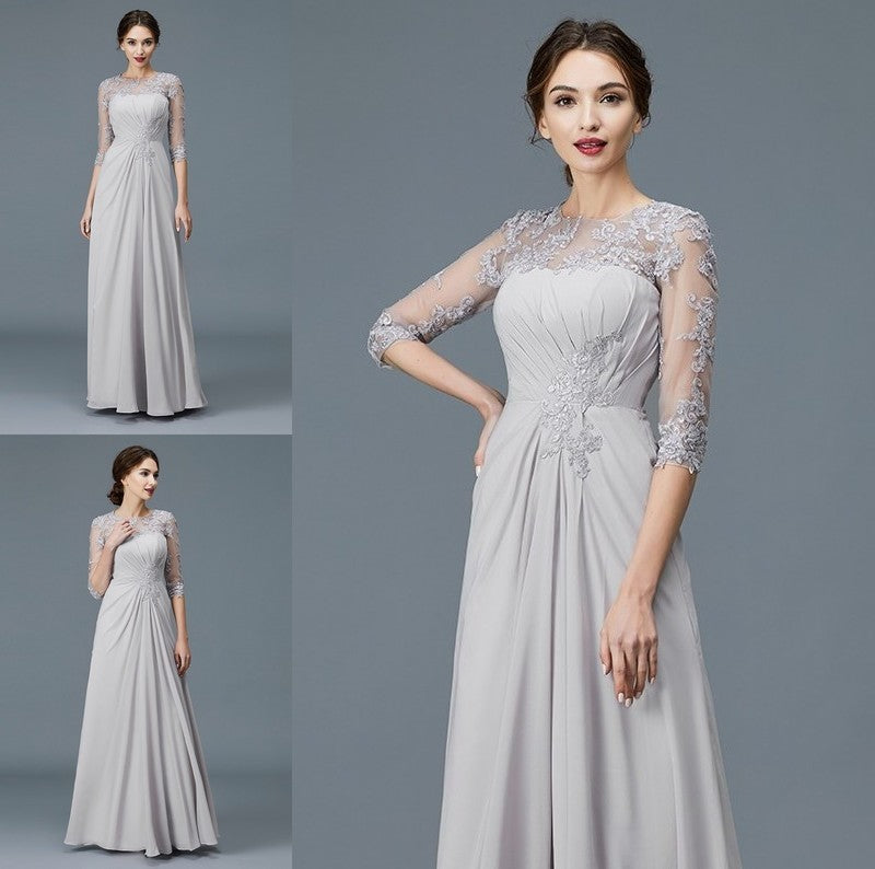 A-Line/Princess Scoop 3/4 Sleeves Chiffon Ruffles Floor-Length Mother of the Bride Dresses DFP0007068