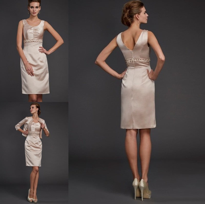 Sheath/Column Square Sleeveless Beading Short Satin Mother of the Bride Dresses DFP0007382