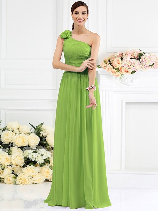 A-Line/Princess One-Shoulder Pleats Hand-Made Flower Sleeveless Long Chiffon Bridesmaid Dresses DFP0005131