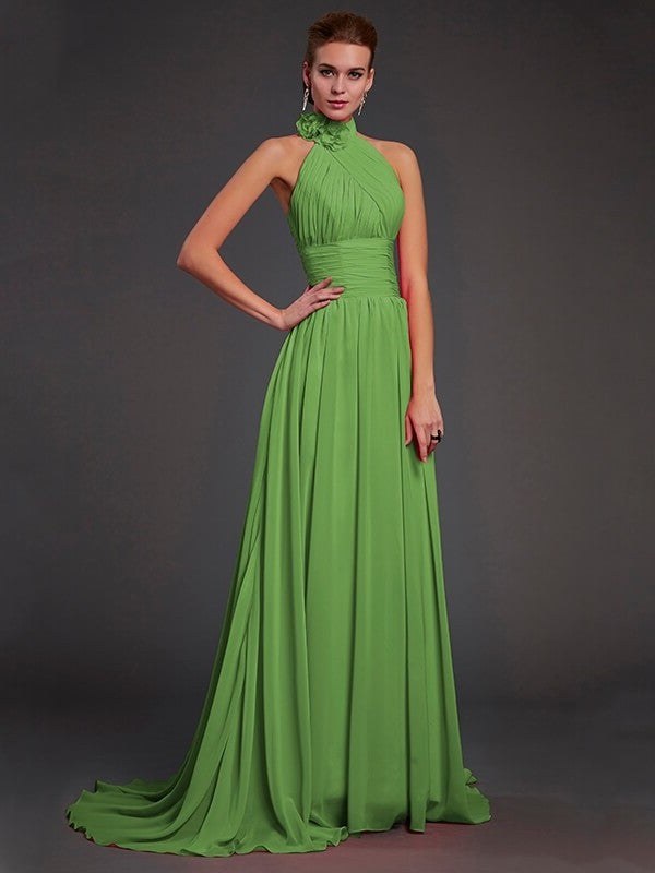 A-Line/Princess Halter Sleeveless Hand-Made Flower Long Chiffon Bridesmaid Dresses DFP0004909