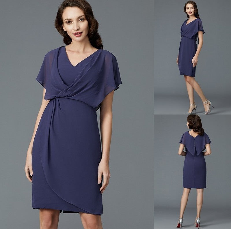 Sheath/Column V-neck Short Sleeves Chiffon Knee-Length Mother of the Bride Dresses DFP0007259