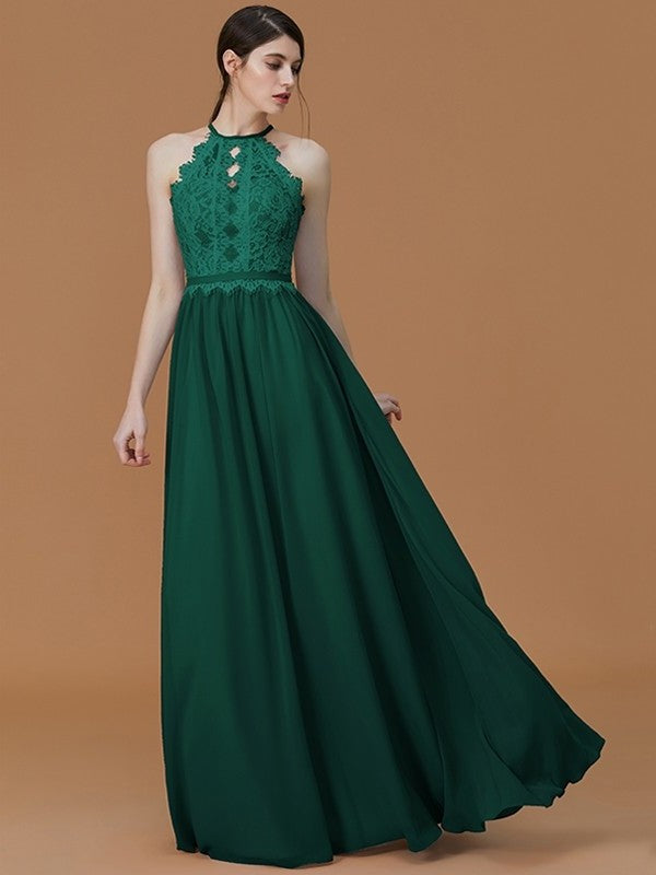 A-Line/Princess Halter Sleeveless Floor-Length Lace Chiffon Bridesmaid Dresses DFP0005137