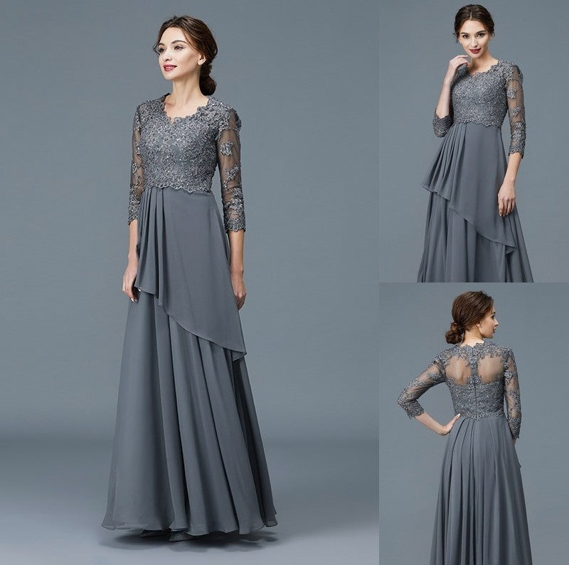 A-Line/Princess V-neck 3/4 Sleeves Ruffles Chiffon Floor-Length Mother of the Bride Dresses DFP0007295