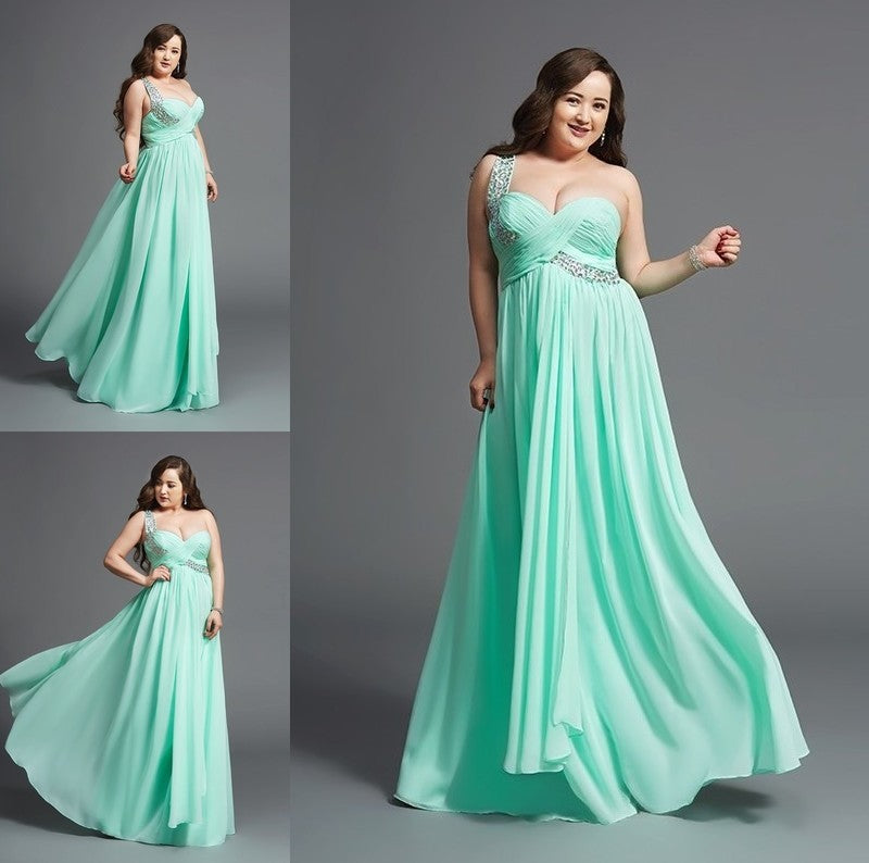 A-Line/Princess One-Shoulder Rhinestone Sleeveless Long Chiffon Plus Size Dresses DFP0003742