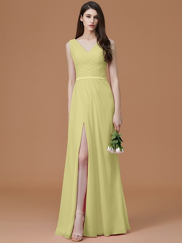 A-Line/Princess V-neck Sleeveless Floor-Length Ruched Chiffon Bridesmaid Dresses DFP0005284