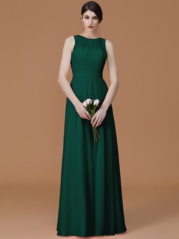 A-Line/Princess Jewel Sleeveless Floor-Length Ruched Chiffon Bridesmaid Dresses DFP0005645