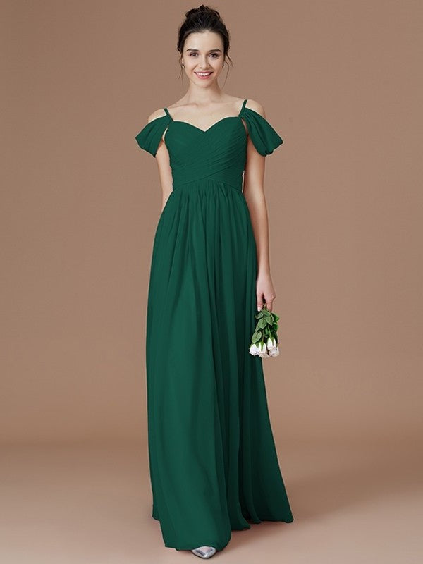 A-Line/Princess Off-the-Shoulder Sleeveless Ruched Floor-Length Chiffon Bridesmaid Dresses DFP0005324