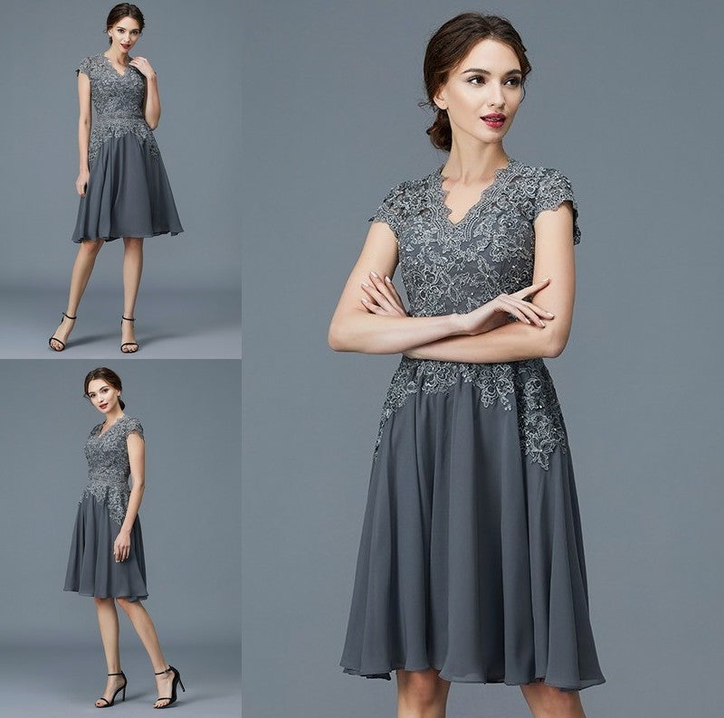 A-Line/Princess V-neck Chiffon Applique Sleeveless Knee-Length Mother of the Bride Dresses DFP0007297