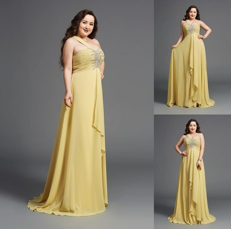 A-Line/Princess One-Shoulder Rhinestone Sleeveless Long Chiffon Plus Size Dresses DFP0003729