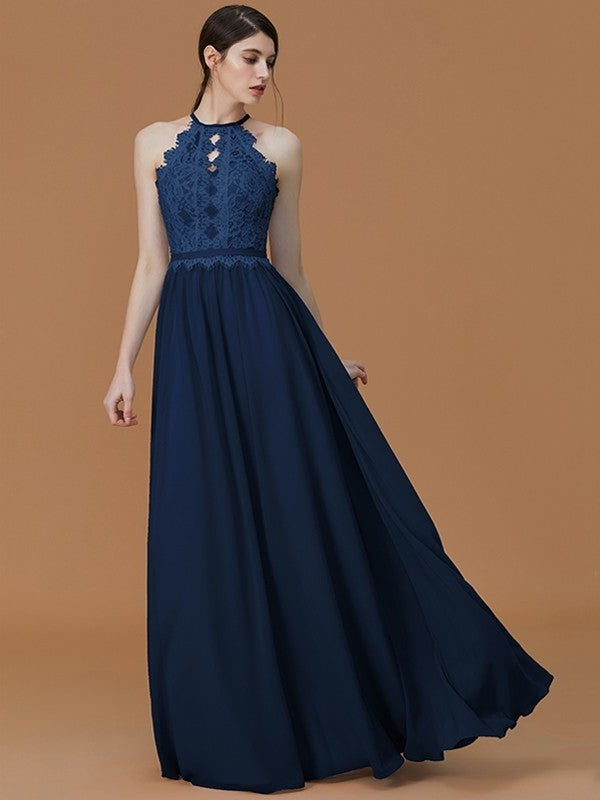 A-Line/Princess Halter Sleeveless Floor-Length Lace Chiffon Bridesmaid Dresses DFP0005137