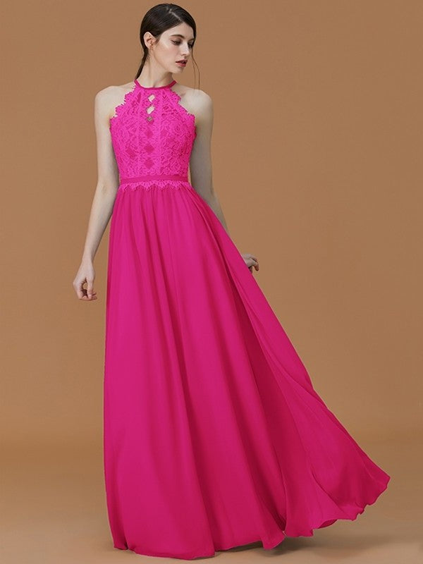 A-Line/Princess Halter Sleeveless Floor-Length Lace Chiffon Bridesmaid Dresses DFP0005137