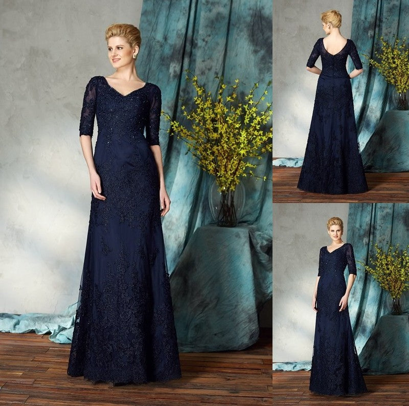 Sheath/Column V-neck Applique 1/2 Sleeves Long Satin Mother of the Bride Dresses DFP0007116