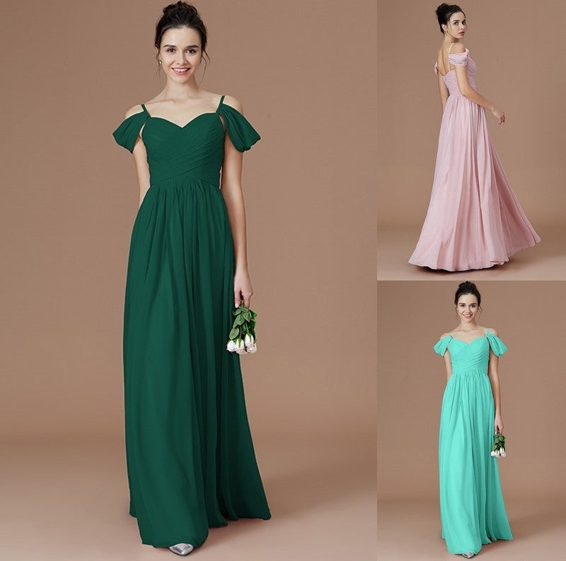 A-Line/Princess Off-the-Shoulder Sleeveless Ruched Floor-Length Chiffon Bridesmaid Dresses DFP0005324