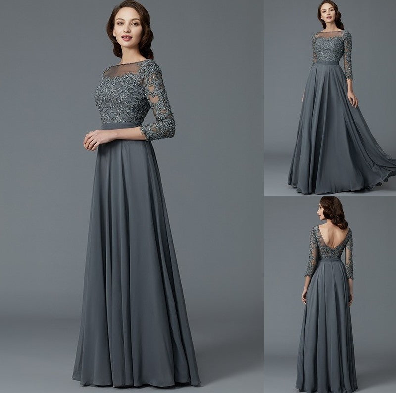 A-Line/Princess 3/4 Sleeves Bateau Floor-Length Chiffon Mother of the Bride Dresses DFP0007092