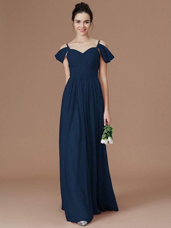 A-Line/Princess Off-the-Shoulder Sleeveless Ruched Floor-Length Chiffon Bridesmaid Dresses DFP0005324