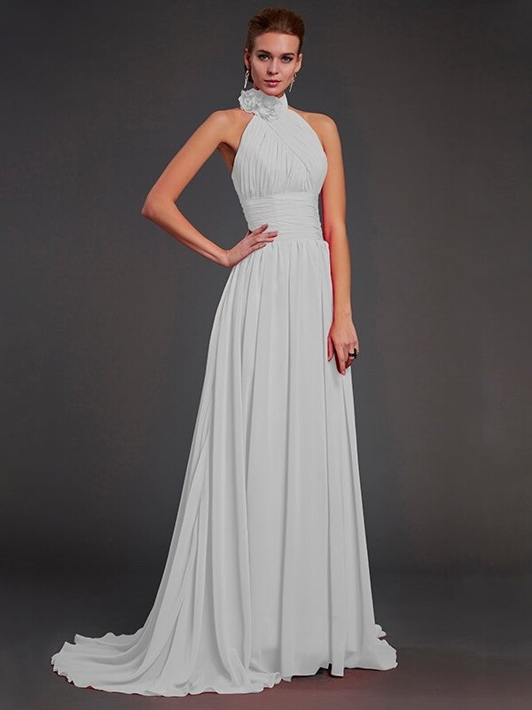 A-Line/Princess Halter Sleeveless Hand-Made Flower Long Chiffon Bridesmaid Dresses DFP0004909