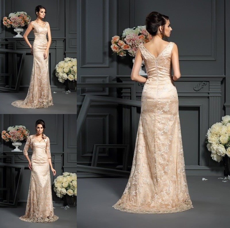 A-Line/Princess V-neck Lace Sleeveless Long Elastic Woven Satin Mother of the Bride Dresses DFP0007061