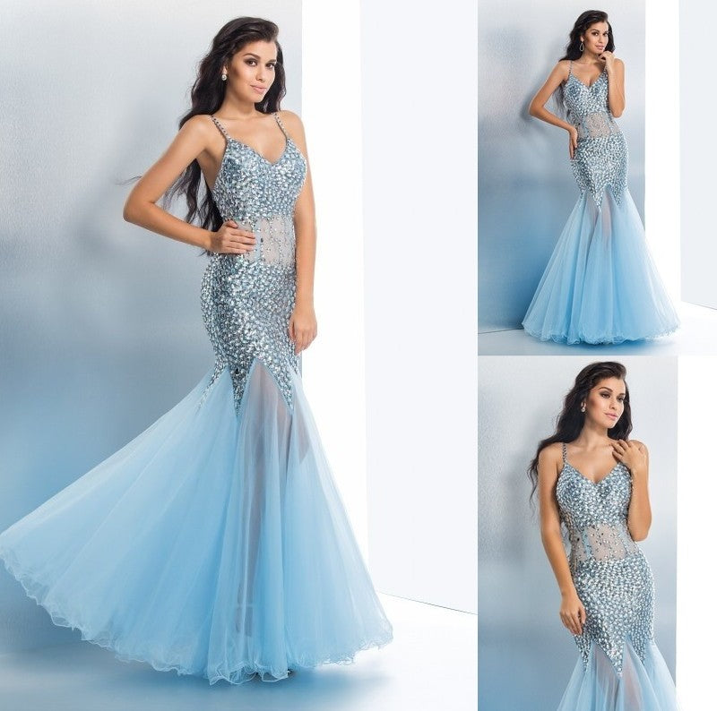 Trumpet/Mermaid Spaghetti Straps Sequin Sleeveless Long Tulle Dresses DFP0002358