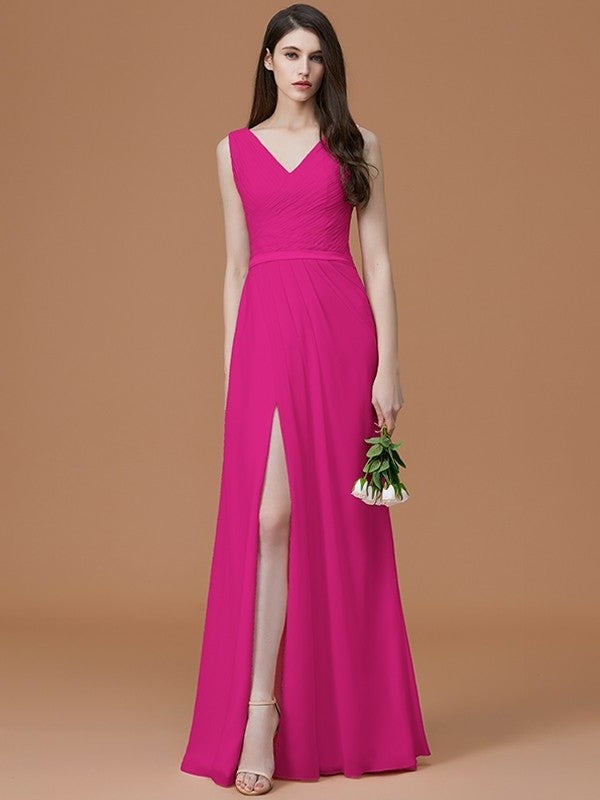 A-Line/Princess V-neck Sleeveless Floor-Length Ruched Chiffon Bridesmaid Dresses DFP0005284