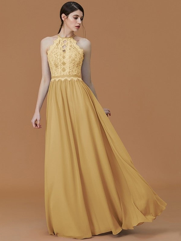 A-Line/Princess Halter Sleeveless Floor-Length Lace Chiffon Bridesmaid Dresses DFP0005137