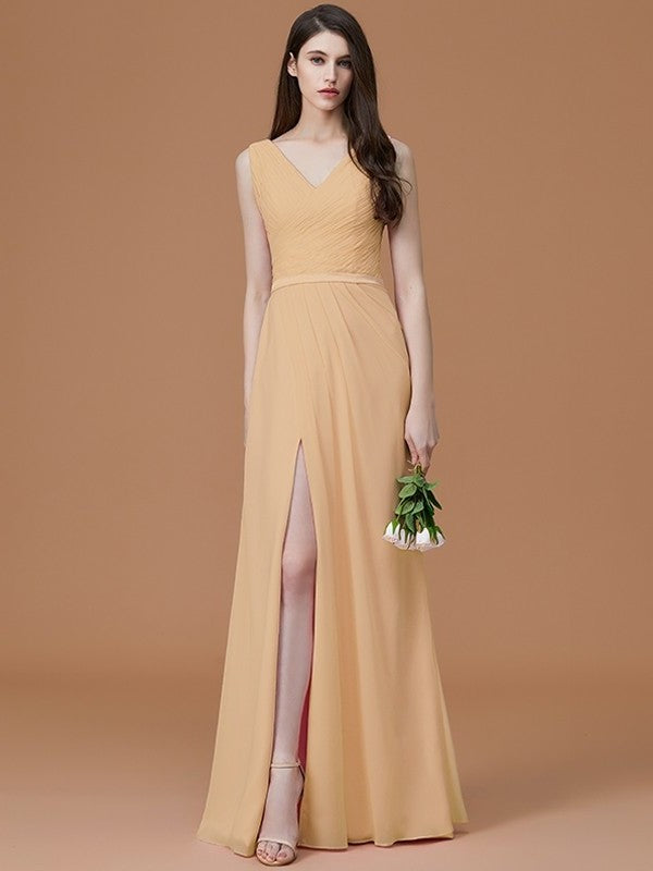 A-Line/Princess V-neck Sleeveless Floor-Length Ruched Chiffon Bridesmaid Dresses DFP0005284