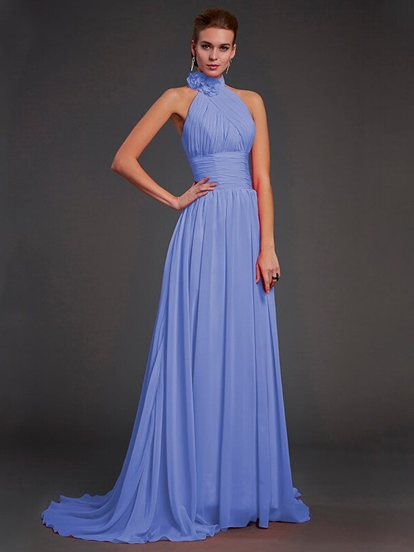 A-Line/Princess Halter Sleeveless Hand-Made Flower Long Chiffon Bridesmaid Dresses DFP0004909