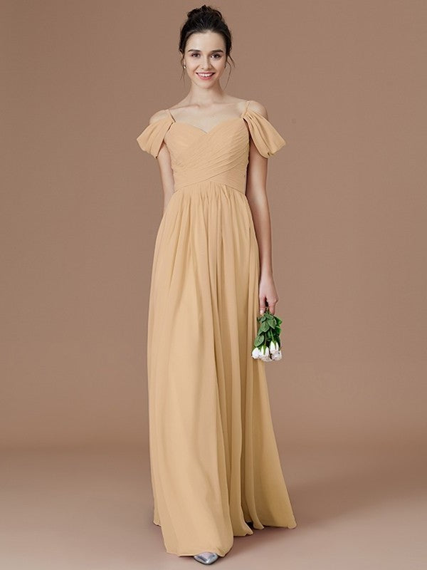 A-Line/Princess Off-the-Shoulder Sleeveless Ruched Floor-Length Chiffon Bridesmaid Dresses DFP0005324